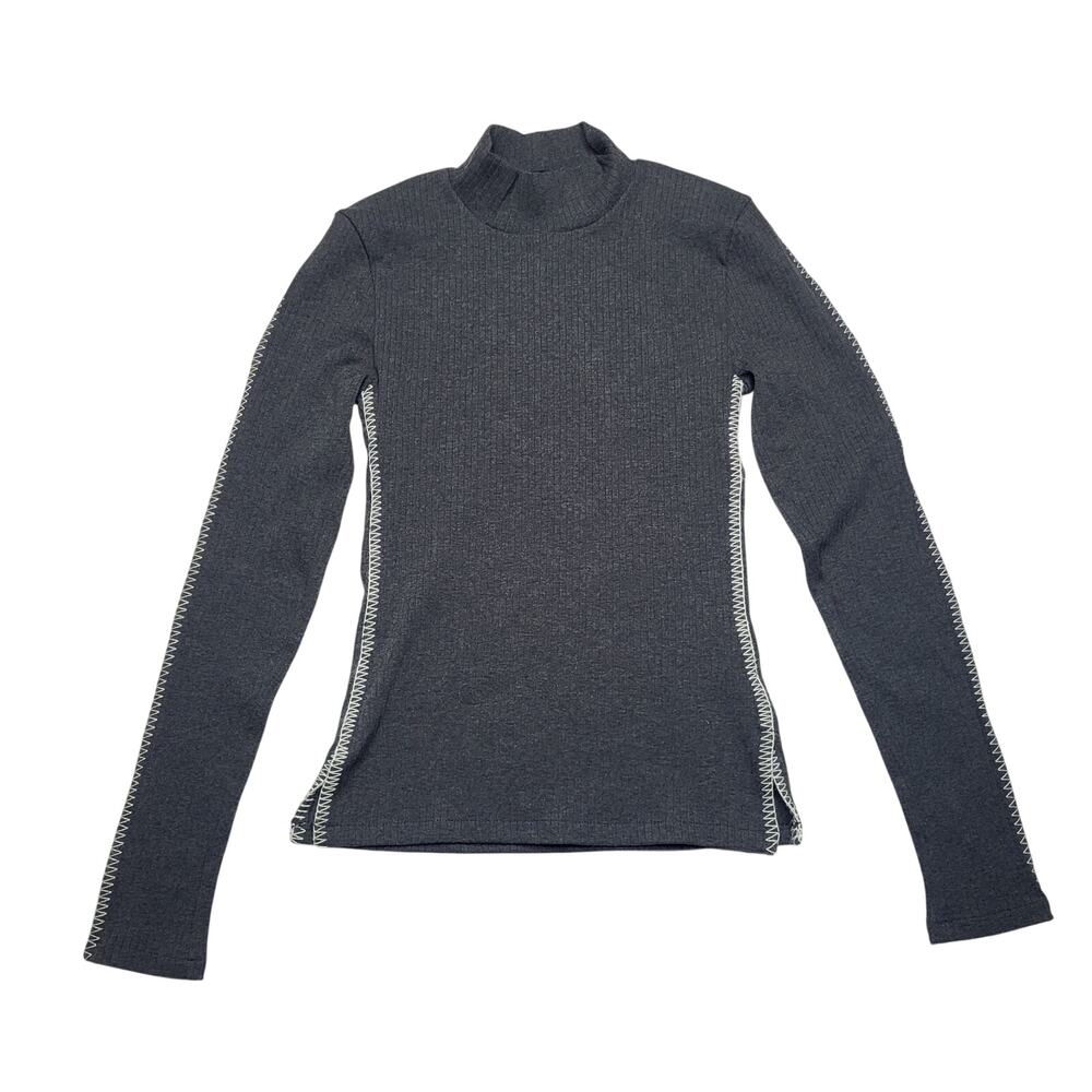 J. Crew Premium Rib Whipstitch Turtleneck Long Sleeve Top Gray White Stretch XS - Picture 2 of 7